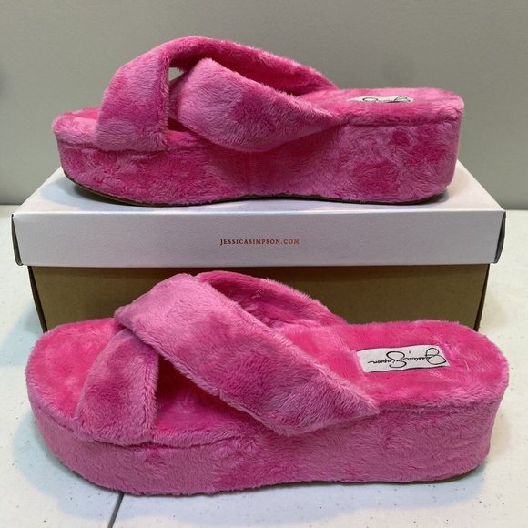 Jessica Simpson Shoes - Jessica Simpson Women's Talulla Faux Fur Pink Fuzzy Slide On Wedge Size 8M